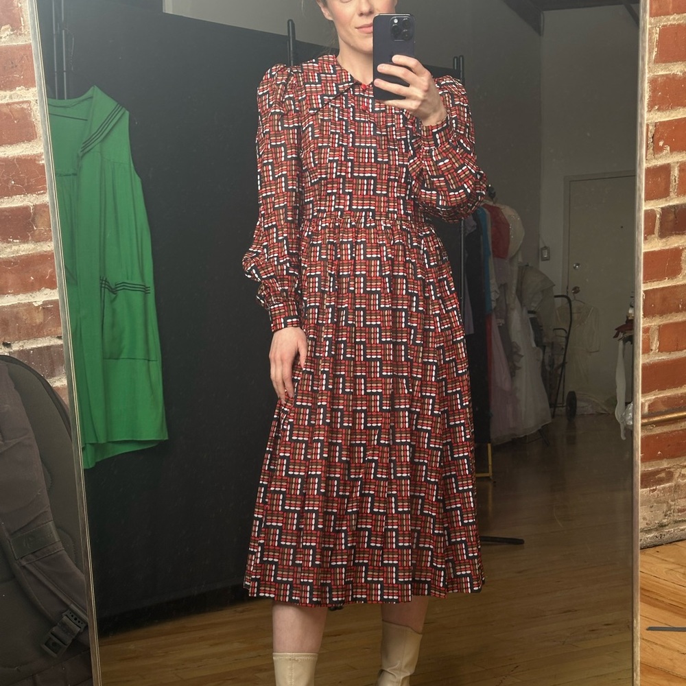 Women's Red Patterned Long Sleeve Midi Dress